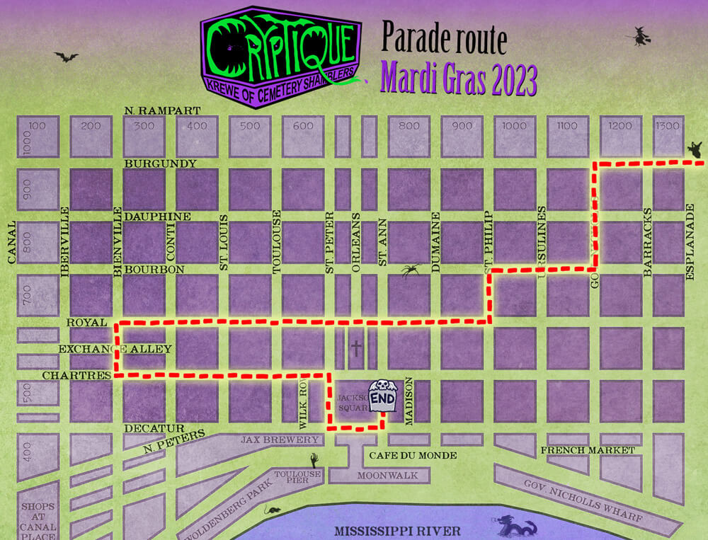 Cryptique parade route map for Mardi Gras 2023